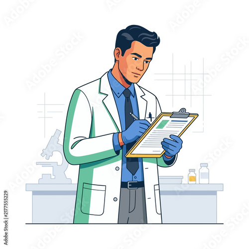 Scientist in Laboratory Coat Writing on Clipboard, Microscope and Vials in Background