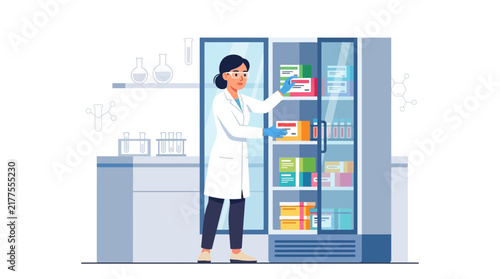 Scientist in Laboratory Organizing Samples in Refrigerator