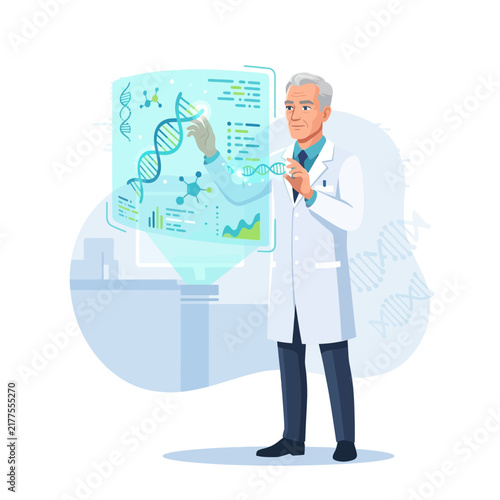 Scientist Interacting with Futuristic DNA Hologram Display in Modern Laboratory