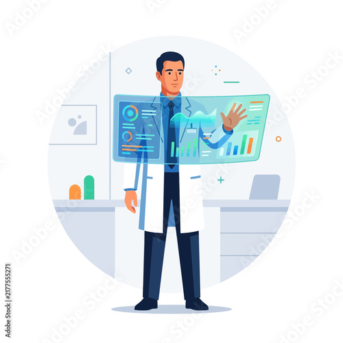 Scientist Interacting with Futuristic Holographic Interface Showing Data and Graphs