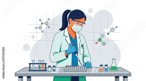 Scientist working in laboratory with microscope, test tubes, flasks and molecular structures.