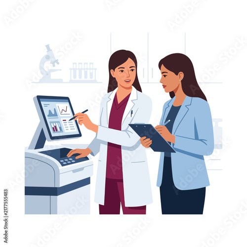 Scientists in Lab Discussing Data on Computer Screen and Clipboard