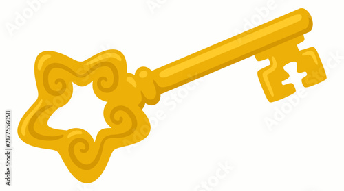 Golden antique key with star shaped bow and ornate details