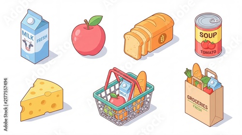 Fresh grocery store items in isometric vector illustration set