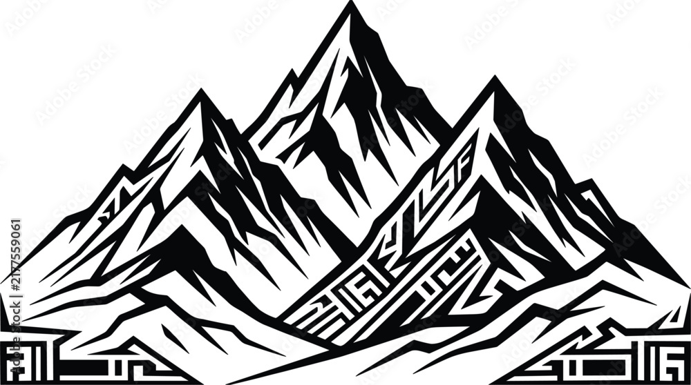 Fototapeta premium Majestic mountain range ridge peak vector graphic illustration embellished with sharp geometric tribal pattern details