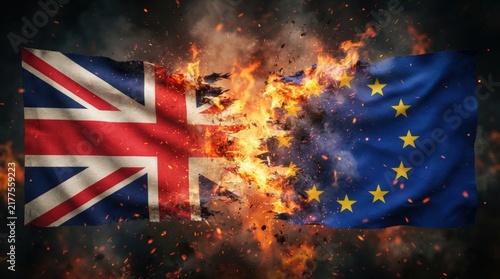 Dramatic stock photo of UK and EU flags exploding in fiery explosion perfect for political news, Brexit articles, conflict graphics, or bold marketing backdrops.