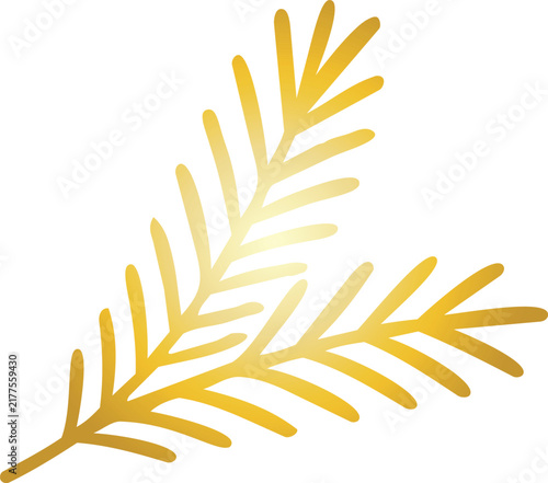 Minimal golden evergreen branch with elegant needle-shaped foliage and a luminous metallic gradient effect.