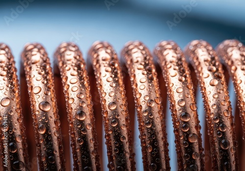 Close-up view of polished copper coils featuring fresh condensation droplets, emphasizing the thermodynamics of industrial refrigeration, components, moisture, reflection