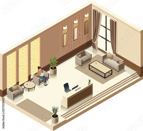 Hotel lounge interior with reception desk