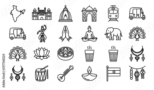Modern India Travel and Heritage Thin Line Icon Collection with Indian Culture Symbols Vector Illustration