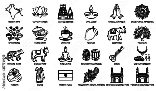 Indian Culture Black Contour Icon Set with Food Religion Nature and Traditional Lifestyle Symbols Vector