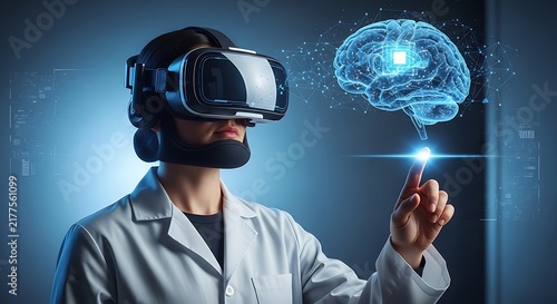 Scientist using virtual reality technology to interact with digital brain visualization