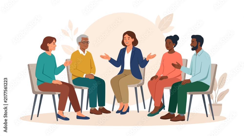 Obraz premium Diverse Group in Therapy Session or Support Meeting, Discussing Ideas in a Circle
