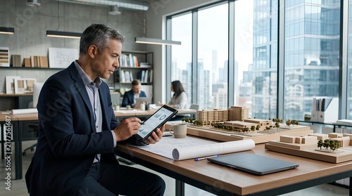 Mature male architect in suit analyzing project data on tablet in modern high-rise office with architectural models, blueprints, and city skyline view during daytime.