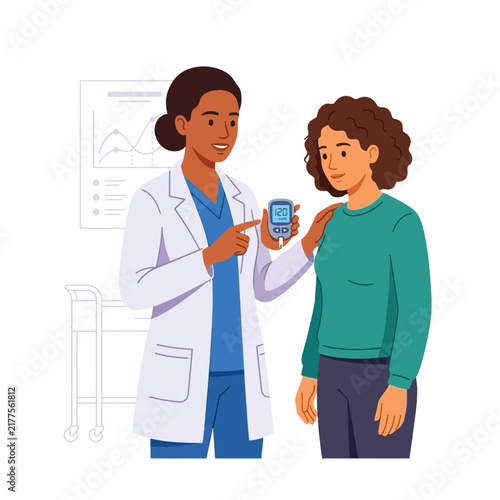 Doctor discusses blood glucose levels with patient using glucometer in a modern medical setting with charts.