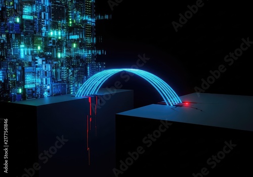 Fiber optic cables glowing with blue light bridge a dark gap between a modern high-speed data network and a simplified disconnected region, information, cable, wireless