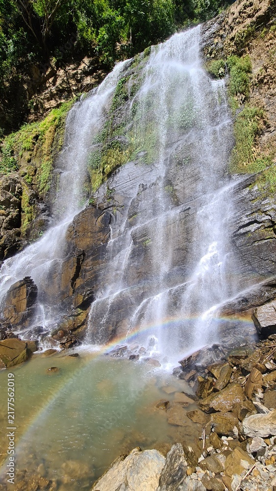 Obraz premium Spectacular waterfall cascading down moss-covered rocks with a vibrant rainbow shimmering in the mist, surrounded by lush green foliage and tropical vegetation
