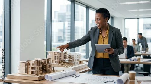 Professional Black female architect in grey blazer pointing at modern architectural building models on office desk with blueprints, holding digital tablet, colleagues in background.