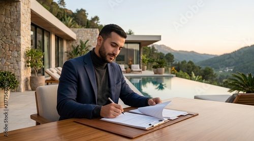 Professional businessman in navy blazer signing legal documents on outdoor terrace at luxury villa with infinity pool and scenic mountain landscape during sunset golden hour.