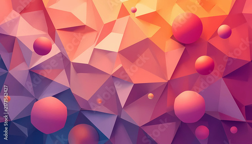 Abstract geometric low poly background with pink and orange faceted polygons and spheres pink polygon faceted surface floating spheres 3D render digital