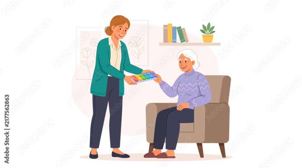 Obraz premium Elderly woman consults with designer choosing colors for home interior