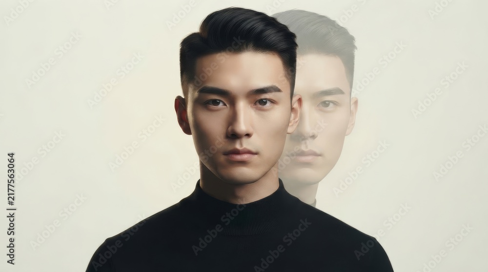 Obraz premium Young asian man portrait with faded double exposure reflection behind him. Handsome guy in black turtleneck on light background