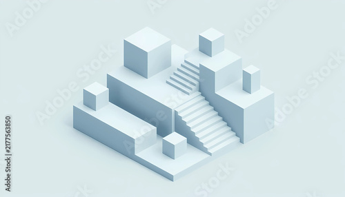 Minimalist isometric white architectural model with blocks and stairs on light background minimalist design 3D structure geometric shapes modern architecture