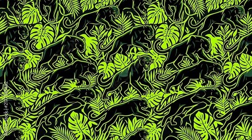 Vibrant Panther and Leaf Pattern for Fashion and Design Projects
