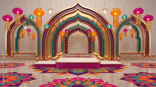 Vibrant traditional Indian wedding mandap stage decorated with colorful arches, hanging lanterns and floral rangoli carpet design.