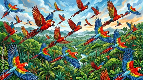 Colorful Scarlet Macaws Flying Over Lush Rainforest Canopy