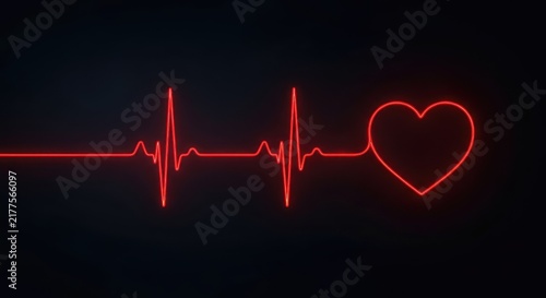 A glowing red electrocardiogram pulse line moves across a dark screen, eventually forming the perfect silhouette of a human heart shape, science, abstract, shape