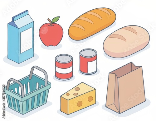 Isometric vector set of healthy grocery store products and food items