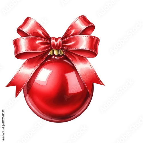 A vibrant watercolor illustration of a festive red Christmas bauble featuring a large decorative ribbon bow on a clean white background, decoration, classic, joyful