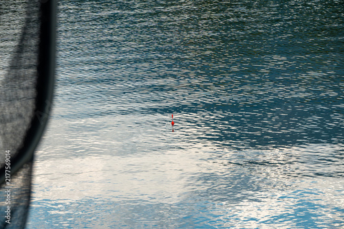 Canvastavla Fishing float on calm lake water.