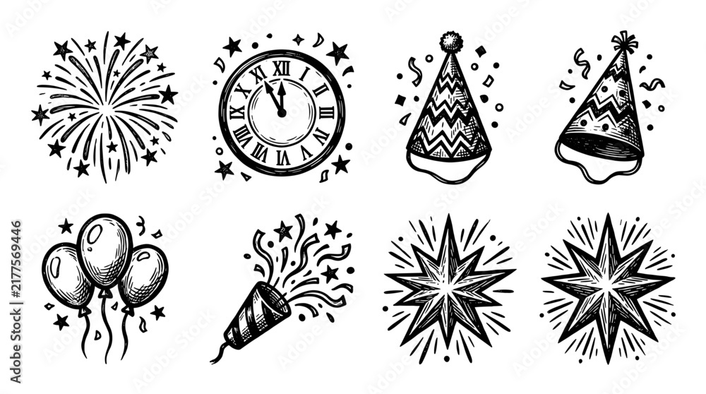Fototapeta premium Hand-drawn New Year and celebration vector illustration set