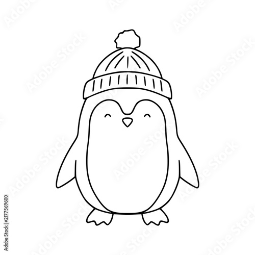Cute cartoon penguin wearing winter hat drawing