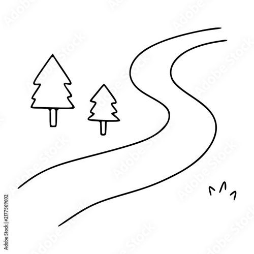 Winding road landscape with pine trees during winter