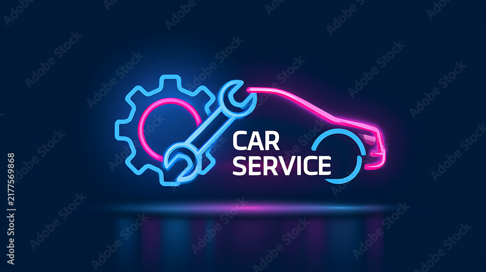 Obraz premium Neon car service sign vector illustration with wrench, gear and vehicle outline on dark blue background for auto repair shop and mechanic
