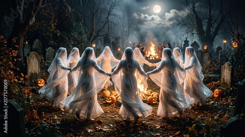 Ghost figures dancing in circle at spooky Halloween cemetery