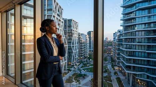 Thoughtful Black businesswoman in navy suit looking through office window at modern city skyline with residential apartment buildings at sunset dusk light.