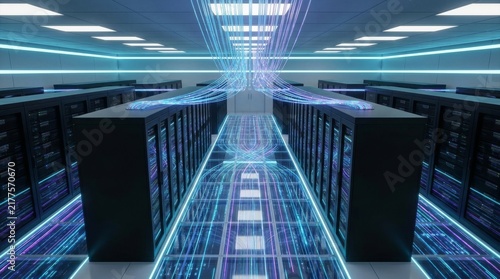 Futuristic server room in a data center with glowing blue and purple optical fiber light streams