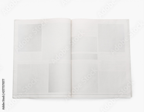 Photorealistic folded and unfolded newspaper mockup on pure white background, blank paper, print media, editorial design, publishing, realistic paper texture, clean commercial stock photography.