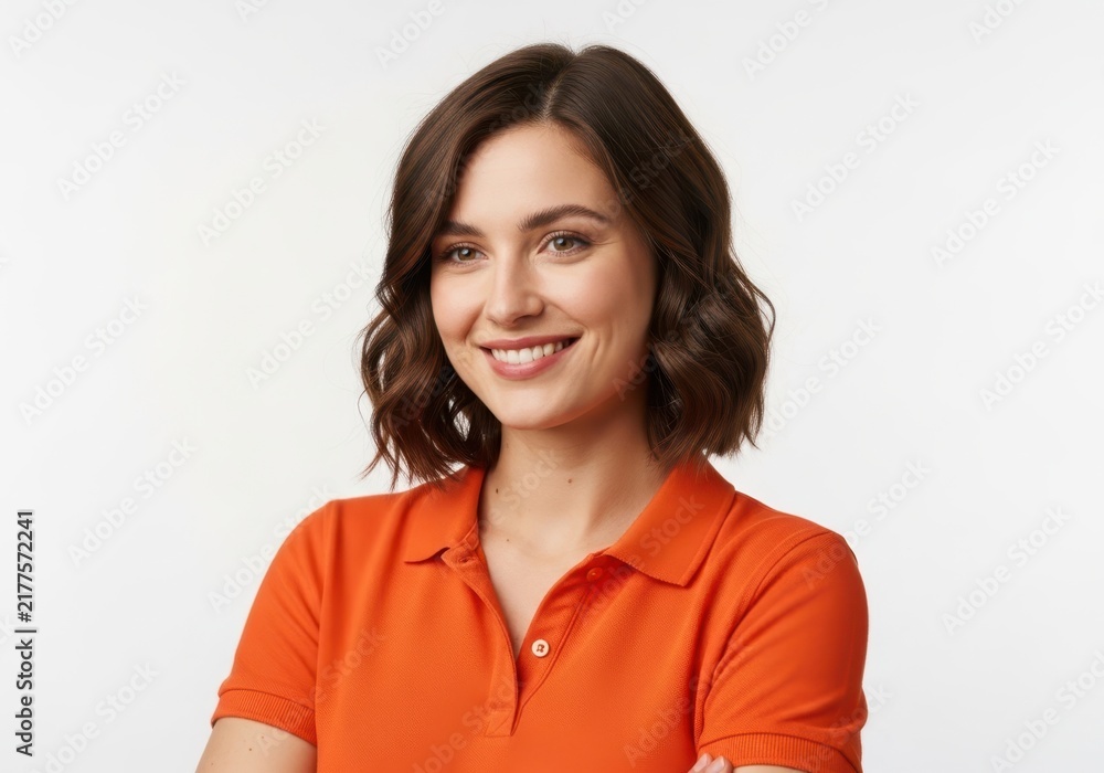 Obraz premium Smiling woman wearing orange button-down shirt