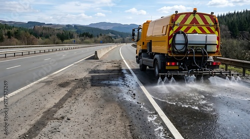 Yellow gritting truck spraying de-icing fluid on a wet highway during daytime