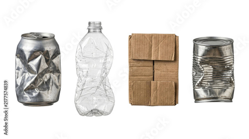 Obraz na plátně Collection of crushed aluminum cans, plastic bottle, and cardboard box for recyc