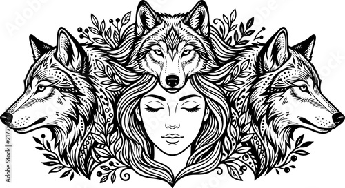 Mystic woman with wolf pack and botanical elements illustration