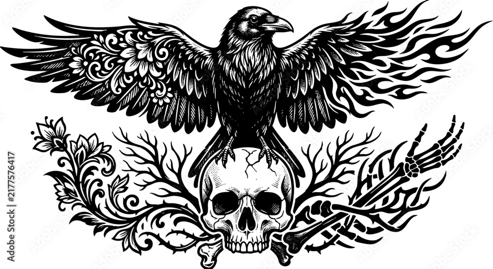 Obraz premium Gothic Raven Perched on Human Skull Illustration in Black and White