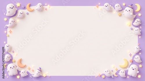 Cute Halloween 3D decorative background with copy space framed by playful ghosts and soft stars