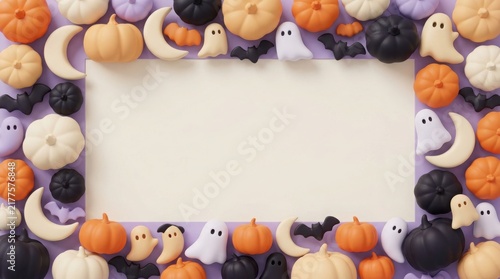 Halloween 3D decorative background with copy space featuring playful pumpkins ghosts and moons on a light purple backdrop