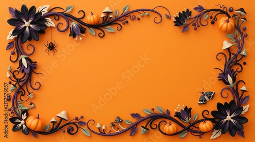 Halloween 3D decorative background with copy space featuring pumpkins and floral elements in vibrant orange lighting